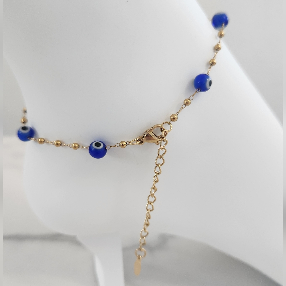 Modern Style Beaded Blue Evil Eye 18K Gold Plated Bracelet - Picture 6 of 11